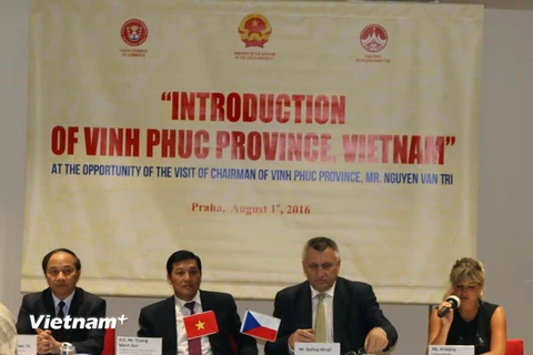 Cuộc gặp giữa Đoàn công tác tỉnh Vĩnh Phúc với đại diện cộng đồng và giới doanh nhân Việt Nam tại Cộng hòa Séc. (Ảnh: Trần Quang Vinh/Vietnam+)