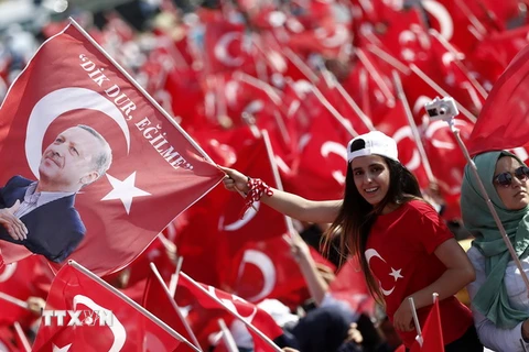 Người dân Thổ Nhĩ Kỳ mang theo cờ và biểu ngữ trong cuộc mít tinh ủng hộ Tổng thống Recep Tayyip Erdogan tại thành phố Istanbul. (Nguồn: EPA/TTXVN) 
