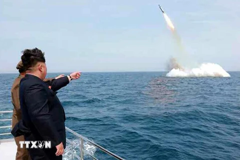 Nhà lãnh đạo Triều Tiên Kim Jong Un thị sát một vụ phóng thử tên lửa từ tàu ngầm. (Nguồn: REUTERS/TTXVN) 