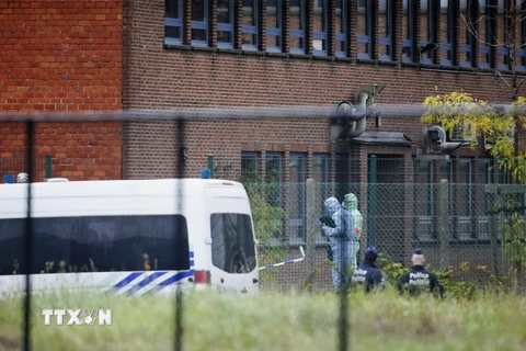 Cảnh sát Bỉ điều tra tại hiện trường vụ nổ tại Viện nghiên cứu hình sự quốc gia ở Brussels ngày 29/8. (Nguồn: AFP/TTXVN)