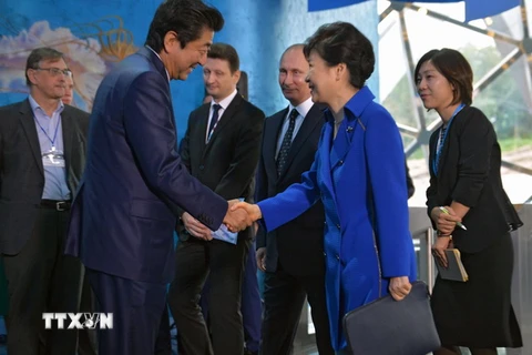 Thủ tướng Nhật Bản Shinzo Abe (trái, trước) và Tổng thống Hàn Quốc Park Geun-hye (phải, trước). (Nguồn: EPA/TTXVN)