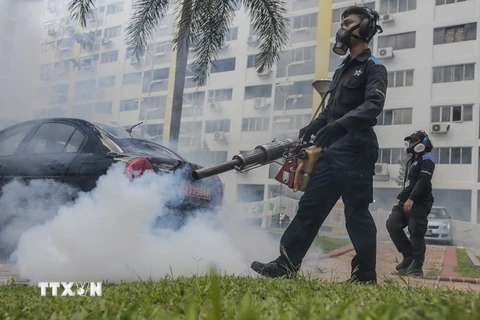 Phun thuốc diệt muỗi tại một khu dân cư ở quận Aljunied, Singapore. (Nguồn: EPA/TTXVN)