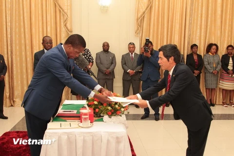Đại sứ Việt Nam Nguyễn Mạnh Cường trình Quốc thư lên Tổng thống Cộng hòa Zambia Edgar Lungu. (Ảnh: Mạnh Hùng/Vietnam+)
