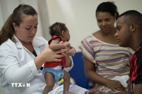 Chăm sóc em nhỏ 2 tháng tuổi mắc chứng đầu nhỏ do virus Zika tại Salvador, Brazil. (Nguồn: AFP/TTXVN) 