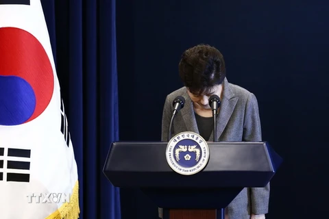 Tổng thống Park Geun-hye xin lỗi người dân trong bài phát biểu trực tiếp trên truyền hình về vụ bê bối chính trị liên quan đến người bạn thân Choi Soon-sil, tại Seoul ngày 29/11. (Nguồn: EPA/TTXVN) 