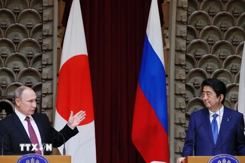 Tổng thống Nga Vladimir Putin (trái) và Thủ tướng Nhật Bản Shinzo Abe (phải) trong cuộc họp báo ở Tokyo ngày 16/12. (Nguồn: AP/TTXVN) 