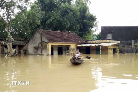 Phường Nhơn Hòa, thị xã An Nhơn (Bình Định) bị nước lũ cô lập. (Ảnh: Nguyên Linh/TTXVN) 