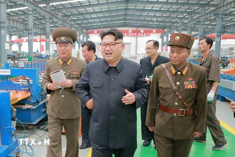 Nhà lãnh đạo Kim Jong-un (giữa) thăm Khu liên hiệp vật liệu xây dựng Chollima ở Bình Nhưỡng. (Nguồn: YONHAP/TTXVN)