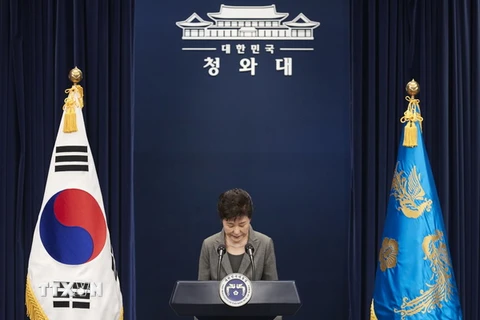 Bà Park Geun-hye xin lỗi toàn dân trong một lần phát biểu tại thủ đô Seoul. (Nguồn: THX/TTXVN) 