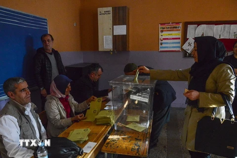 Người dân bỏ phiếu tại điểm bầu cử ở Diyarbakir ngày 16/4. (Nguồn: AFP/TTXVN) 