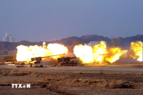 Đơn vị pháo binh số 681 của Quân đội Nhân dân Triều Tiên huấn luyện tại một địa điểm bí mật ở lãnh thổ nước này ngày 12/2/2009. (Nguồn: EPA/TTXVN) 