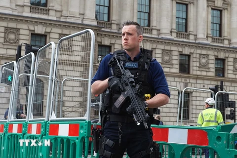 Cảnh sát Anh làm nhiệm vụ bên ngoài tòa nhà Quốc hội ở London ngày 27/4. (Nguồn: EPA/TTXVN) 