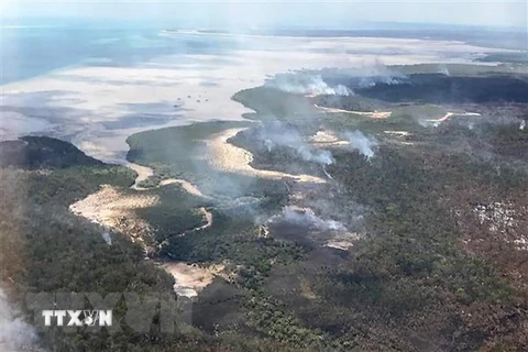 Khói bốc lên từ đám cháy rừng trên đảo Fraser thuộc bang Queensland, Australia (Nguồn: AFP/TTXVN)