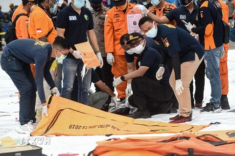 Các túi đựng thi thể hành khách trong vụ tai nạn máy bay của hãng hàng không Sriwijaya Air ở Jakarta, Indonesia, ngày 10/1/2021. (Ảnh: THX/TTXVN) 
