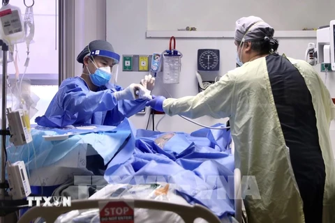 Nhân viên y tế điều trị cho bệnh nhân COVID-19 tại bệnh viện Beverly ở thành phố Montebello, California, Mỹ, ngày 22/1/2021 (Ảnh: THX/ TTXVN)