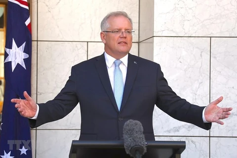 Thủ tướng Australia Scott Morrison phát biểu trong cuộc họp báo tại Canberra. (Ảnh: AFP/ TTXVN) 