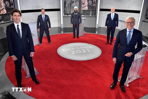 Các nhà lãnh đạo của 4 chính đảng tại Canada trong cuộc tranh luận ở Montreal, Quebec, ngày 2/9/2021. (Ảnh: AFP/TTXVN) 