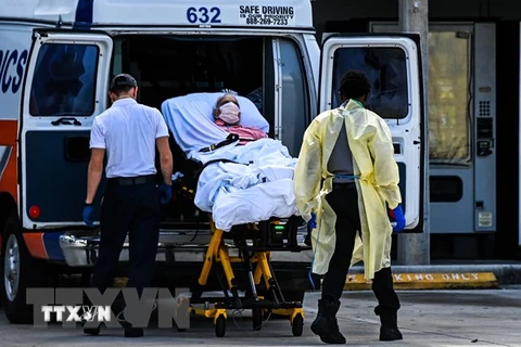 Nhân viên y tế chuyển bệnh nhân nhiễm COVID-19 tới bệnh viện ở Miami, Mỹ. (Ảnh: AFP/TTXVN) 