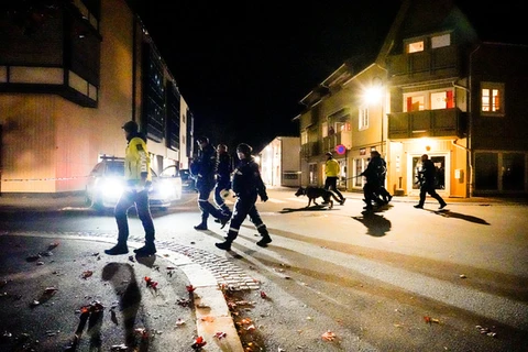 Cảnh sát Na Uy đang điều tra tại hiện trường vụ tấn công bằng cung tên ở Kongsberg ngày 13-10 .(Ảnh: REUTERS)