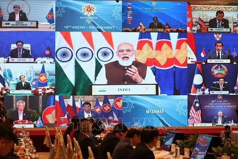 Lãnh đạo các nước ASEAN và Ấn Độ tham gia Hội nghị theo hình thức trực tuyến. (Ảnh: Dương Giang/TTXVN)