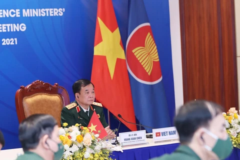 Thượng tướng Hoàng Xuân Chiến, Thứ trưởng Bộ Quốc phòng Việt Nam tại điểm cầu Hà Nội. (Ảnh: Trọng Đức /TTXVN) 