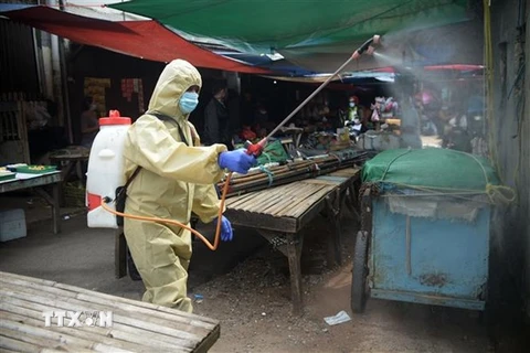Nhân viên y tế phun thuốc khử trùng nhằm ngăn chặn sự lây lan của COVID-19 tại Jakarta, Indonesia, ngày 10/1/2022. (Ảnh: THX/TTXVN) 