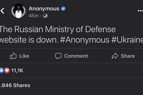 Nhóm tin tặc Anonymous tuyên bố đánh sập trang web Bộ Quốc phòng Nga. (Ảnh: FACEBOOK)
