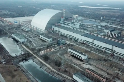 Ảnh chụp từ trên cao nhà máy điện hạt nhân Chernobyl ở Pripyat, Ukraine, hôm 7/3. (Ảnh: Bộ Quốc phòng Nga.)