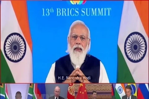 Thủ tướng Ấn Độ Narendra Modi (phía trên) chủ trì Hội nghị thượng đỉnh BRICS lần thứ 13 theo hình thức trực tuyến ngày 9/9. (Ảnh: ANI/TTXVN) 