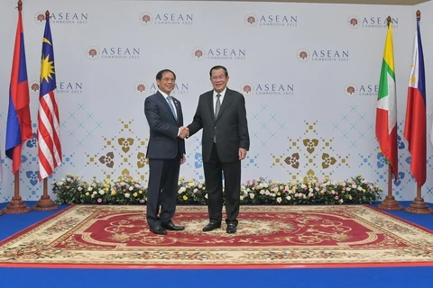Bộ trưởng Ngoại giao Việt Nam Bùi Thanh Sơn chào xã giao Thủ tướng Hun Sen. (Ảnh: Nguyễn Vũ Hùng /TTXVN)