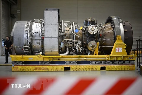 Tuabin khí thuộc dự án Dòng chảy phương Bắc 1 được sửa chữa tại nhà máy của công ty Siemens Energy ở Muelheim an der Ruhr, Đức ngày 3/8/2022. (Ảnh: AFP/TTXVN) 