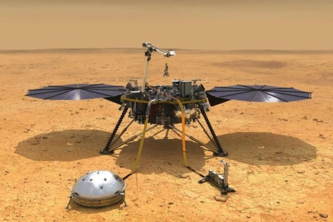Hình minh họa tàu vũ trụ InSight với các thiết bị được triển khai trên bề mặt sao Hỏa. (Nguồn: NASA) 
