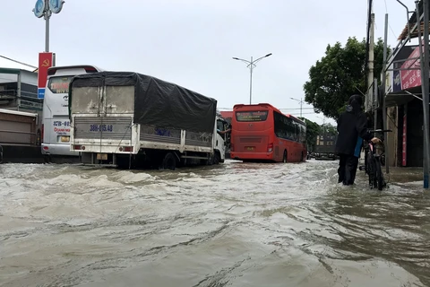 Do lưu thông qua đoạn đường ngập khó khăn nên đã xảy ra tình trạng ùn ứ kéo dài gần 2km trên Quốc lộ 1A (đoạn qua trị trấn Cầu Giát, huyện Quỳnh Lưu). (Ảnh: Văn Tý/TTXVN)