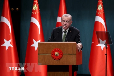 Tổng thống Thổ Nhĩ Kỳ Tayyip Erdogan phát biểu tại cuộc họp báo ở Ankara. (Ảnh: AFP/TTXVN)