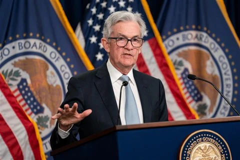 Chủ tịch Ngân hàng Dự trữ Liên bang Mỹ Jerome Powell trong cuộc họp báo công bố quyết định tăng lãi suất của FED, tại Washington DC., ngày 2/11/2022. (Ảnh: THX/TTXVN) 