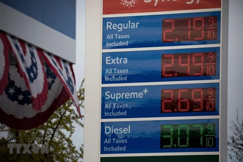 Giá xăng dầu được niêm yết tại trạm xăng ở New York, Mỹ. (Ảnh: THX/TTXVN)