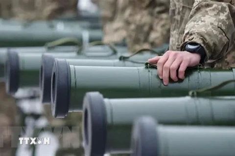 Quân nhân Ukraine tại lễ chuyển giao các thiết bị quân sự và vũ khí hạng nặng (Ảnh: Getty Images/TTXVN)