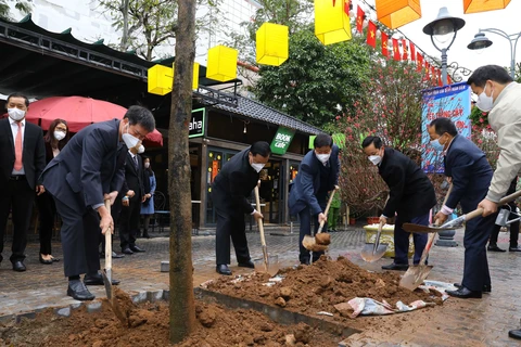 Bí thư Thành ủy Hà Nội Đinh Tiến Dũng và các đại biểu trồng cây tại Phố sách Hà Nội. (Ảnh: Văn Điệp/TTXVN)