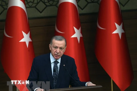 Tổng thống Thổ Nhĩ Kỳ Recep Tayyip Erdogan phát biểu tại thủ đô Ankara. (Ảnh: AFP/TTXVN)