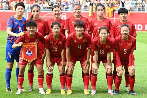 Đội tuyển Nữ Việt Nam tại trận đấu giao hữu với Tuyển Nữ Đức trước World Cup Nữ 2023. (Ảnh: CTV)