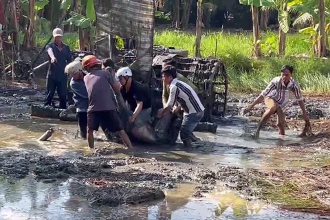 Người dân địa phương đến ứng cứu, tuy nhiên nạn nhân đã tử vong trước đó. (Ảnh: TTXVN phát)