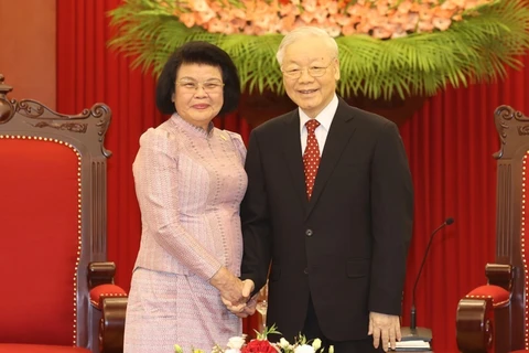 Tổng Bí thư Nguyễn Phú Trọng tiếp Chủ tịch Quốc hội Campuchia Samdech Khuon Sudary. (Ảnh: Trí Dũng/TTXVN)