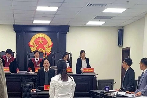 Vũ Thị Hương Lan tại phiên toà xét xử về hành vi lừa đảo chiếm đoạt tài sản (Ảnh phiên tòa bị hoãn hôm 14.11). (Ảnh: Báo Lao Động) 