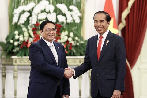 Thủ tướng Phạm Minh Chính hội kiến Tổng thống Indonesia Joko Widodo. (Ảnh: Dương Giang/TTXVN)