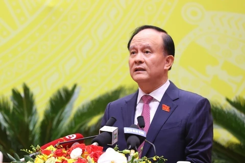 Chủ tịch Hội đồng Nhân dân thành phố Hà Nội Nguyễn Ngọc Tuấn phát biểu khai mạc. (Ảnh: Văn Điệp/TTXVN)