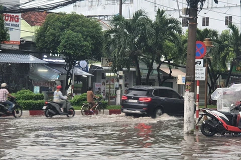 Mưa như trút nước khiến nhiều tuyến đường trong nội ô thành phố Bạc Liêu ngập cục bộ. (Nguồn: Báo Đại đoàn kết)