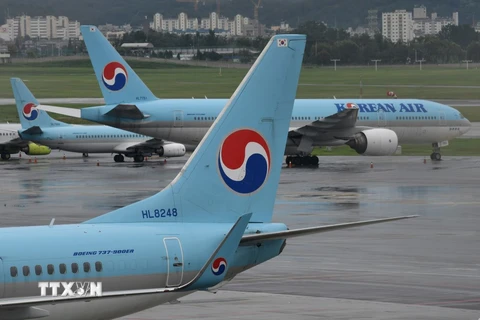 Máy bay của hãng hàng không Korean Air tại sân bay Gimpo ở Seoul, Hàn Quốc. (Ảnh: AFP/TTXVN)