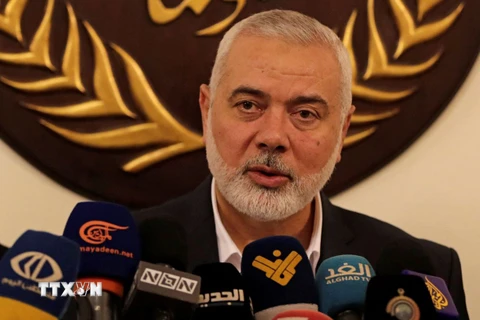 Thủ lĩnh phong trào Hồi giáo Hamas Ismail Haniyeh phát biểu trong cuộc họp báo ở Beirut, Liban ngày 22/6/2022. (Ảnh: AFP/TTXVN)