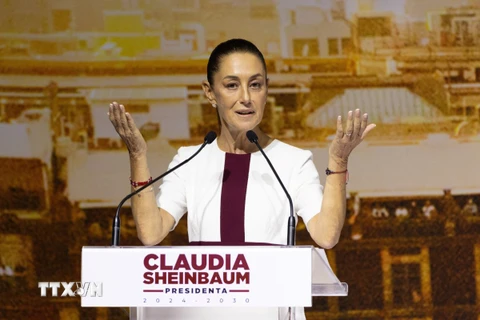 Tổng thống đắc cử Mexico Claudia Sheinbaum phát biểu tại Mexico City ngày 18/6/2024. (Ảnh: THX/TTXVN)