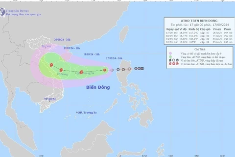 Hướng di chuyển của áp thấp nhiệt đới. (Ảnh: TTXVN phát)